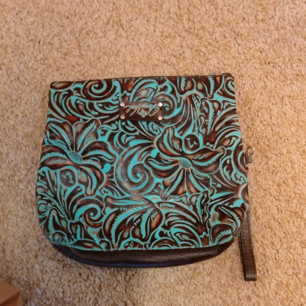 Patricia Nash VALERIE Leather Fold Over Wristlet Clutch Tooled Turquoise